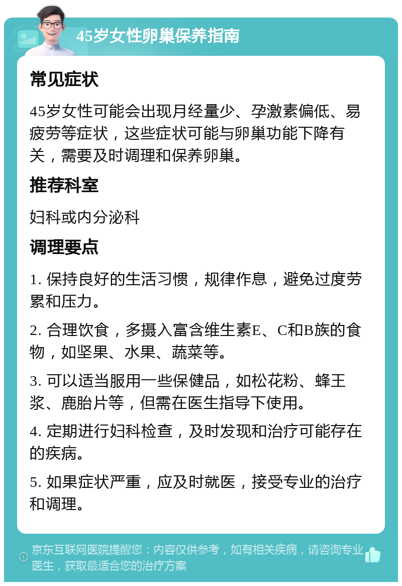 45岁女性卵巢保养指南 常见症状 45岁女性可能会出现月经量少、孕激素偏低、易疲劳等症状，这些症状可能与卵巢功能下降有关，需要及时调理和保养卵巢。 推荐科室 妇科或内分泌科 调理要点 1. 保持良好的生活习惯，规律作息，避免过度劳累和压力。 2. 合理饮食，多摄入富含维生素E、C和B族的食物，如坚果、水果、蔬菜等。 3. 可以适当服用一些保健品，如松花粉、蜂王浆、鹿胎片等，但需在医生指导下使用。 4. 定期进行妇科检查，及时发现和治疗可能存在的疾病。 5. 如果症状严重，应及时就医，接受专业的治疗和调理。