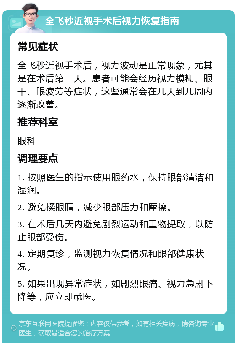 全飞秒近视手术后视力恢复指南 常见症状 全飞秒近视手术后，视力波动是正常现象，尤其是在术后第一天。患者可能会经历视力模糊、眼干、眼疲劳等症状，这些通常会在几天到几周内逐渐改善。 推荐科室 眼科 调理要点 1. 按照医生的指示使用眼药水，保持眼部清洁和湿润。 2. 避免揉眼睛，减少眼部压力和摩擦。 3. 在术后几天内避免剧烈运动和重物提取，以防止眼部受伤。 4. 定期复诊，监测视力恢复情况和眼部健康状况。 5. 如果出现异常症状，如剧烈眼痛、视力急剧下降等，应立即就医。