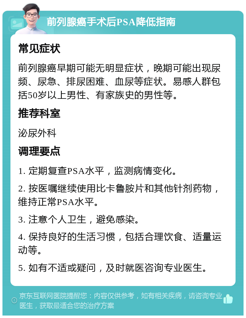 前列腺癌手术后PSA降低指南 常见症状 前列腺癌早期可能无明显症状，晚期可能出现尿频、尿急、排尿困难、血尿等症状。易感人群包括50岁以上男性、有家族史的男性等。 推荐科室 泌尿外科 调理要点 1. 定期复查PSA水平，监测病情变化。 2. 按医嘱继续使用比卡鲁胺片和其他针剂药物，维持正常PSA水平。 3. 注意个人卫生，避免感染。 4. 保持良好的生活习惯，包括合理饮食、适量运动等。 5. 如有不适或疑问，及时就医咨询专业医生。