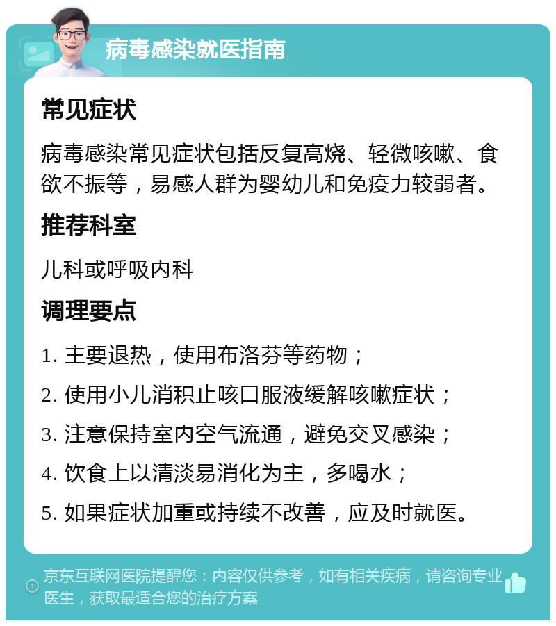 病毒感染就医指南 常见症状 病毒感染常见症状包括反复高烧、轻微咳嗽、食欲不振等，易感人群为婴幼儿和免疫力较弱者。 推荐科室 儿科或呼吸内科 调理要点 1. 主要退热，使用布洛芬等药物； 2. 使用小儿消积止咳口服液缓解咳嗽症状； 3. 注意保持室内空气流通，避免交叉感染； 4. 饮食上以清淡易消化为主，多喝水； 5. 如果症状加重或持续不改善，应及时就医。