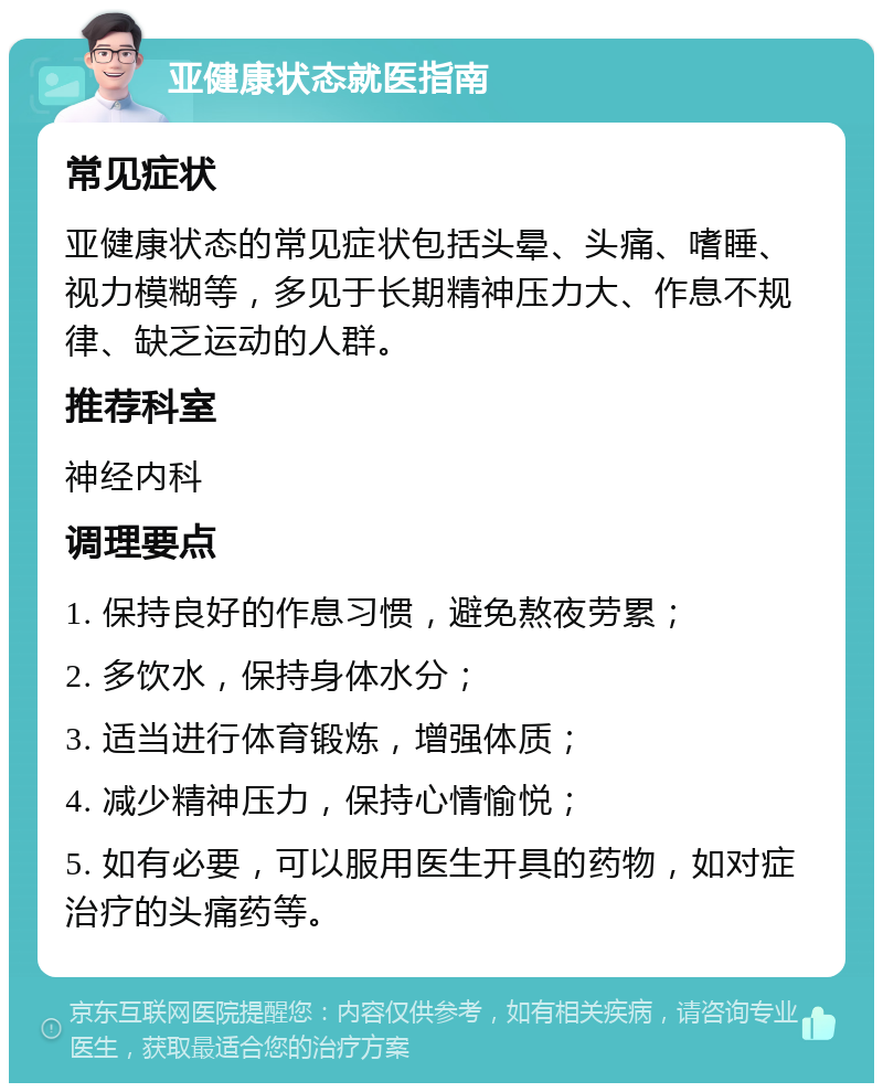 亚健康状态就医指南 常见症状 亚健康状态的常见症状包括头晕、头痛、嗜睡、视力模糊等，多见于长期精神压力大、作息不规律、缺乏运动的人群。 推荐科室 神经内科 调理要点 1. 保持良好的作息习惯，避免熬夜劳累； 2. 多饮水，保持身体水分； 3. 适当进行体育锻炼，增强体质； 4. 减少精神压力，保持心情愉悦； 5. 如有必要，可以服用医生开具的药物，如对症治疗的头痛药等。