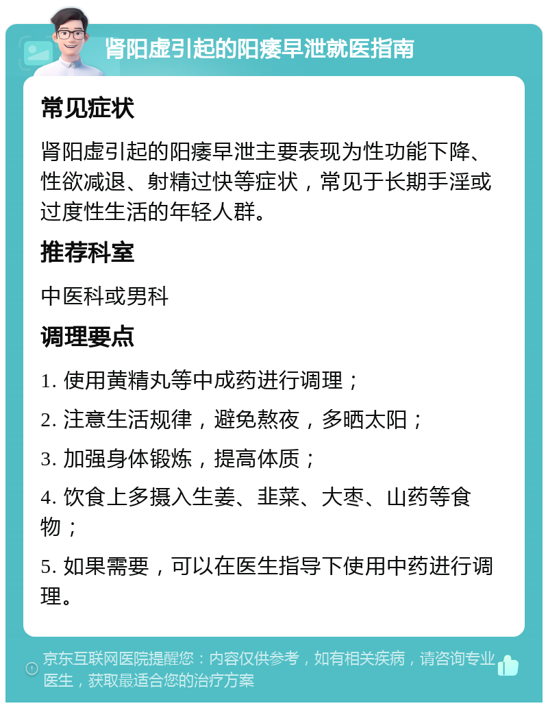 肾阳虚引起的阳痿早泄就医指南 常见症状 肾阳虚引起的阳痿早泄主要表现为性功能下降、性欲减退、射精过快等症状，常见于长期手淫或过度性生活的年轻人群。 推荐科室 中医科或男科 调理要点 1. 使用黄精丸等中成药进行调理； 2. 注意生活规律，避免熬夜，多晒太阳； 3. 加强身体锻炼，提高体质； 4. 饮食上多摄入生姜、韭菜、大枣、山药等食物； 5. 如果需要，可以在医生指导下使用中药进行调理。