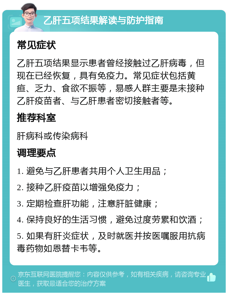 乙肝五项结果解读与防护指南 常见症状 乙肝五项结果显示患者曾经接触过乙肝病毒，但现在已经恢复，具有免疫力。常见症状包括黄疸、乏力、食欲不振等，易感人群主要是未接种乙肝疫苗者、与乙肝患者密切接触者等。 推荐科室 肝病科或传染病科 调理要点 1. 避免与乙肝患者共用个人卫生用品； 2. 接种乙肝疫苗以增强免疫力； 3. 定期检查肝功能，注意肝脏健康； 4. 保持良好的生活习惯，避免过度劳累和饮酒； 5. 如果有肝炎症状，及时就医并按医嘱服用抗病毒药物如恩替卡韦等。