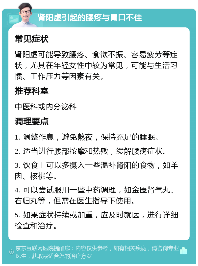 肾阳虚引起的腰疼与胃口不佳 常见症状 肾阳虚可能导致腰疼、食欲不振、容易疲劳等症状，尤其在年轻女性中较为常见，可能与生活习惯、工作压力等因素有关。 推荐科室 中医科或内分泌科 调理要点 1. 调整作息，避免熬夜，保持充足的睡眠。 2. 适当进行腰部按摩和热敷，缓解腰疼症状。 3. 饮食上可以多摄入一些温补肾阳的食物，如羊肉、核桃等。 4. 可以尝试服用一些中药调理，如金匮肾气丸、右归丸等，但需在医生指导下使用。 5. 如果症状持续或加重，应及时就医，进行详细检查和治疗。