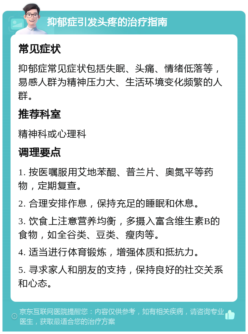 抑郁症引发头疼的治疗指南 常见症状 抑郁症常见症状包括失眠、头痛、情绪低落等，易感人群为精神压力大、生活环境变化频繁的人群。 推荐科室 精神科或心理科 调理要点 1. 按医嘱服用艾地苯醌、普兰片、奥氮平等药物，定期复查。 2. 合理安排作息，保持充足的睡眠和休息。 3. 饮食上注意营养均衡，多摄入富含维生素B的食物，如全谷类、豆类、瘦肉等。 4. 适当进行体育锻炼，增强体质和抵抗力。 5. 寻求家人和朋友的支持，保持良好的社交关系和心态。