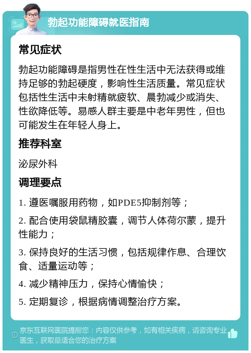 勃起功能障碍就医指南 常见症状 勃起功能障碍是指男性在性生活中无法获得或维持足够的勃起硬度，影响性生活质量。常见症状包括性生活中未射精就疲软、晨勃减少或消失、性欲降低等。易感人群主要是中老年男性，但也可能发生在年轻人身上。 推荐科室 泌尿外科 调理要点 1. 遵医嘱服用药物，如PDE5抑制剂等； 2. 配合使用袋鼠精胶囊，调节人体荷尔蒙，提升性能力； 3. 保持良好的生活习惯，包括规律作息、合理饮食、适量运动等； 4. 减少精神压力，保持心情愉快； 5. 定期复诊，根据病情调整治疗方案。