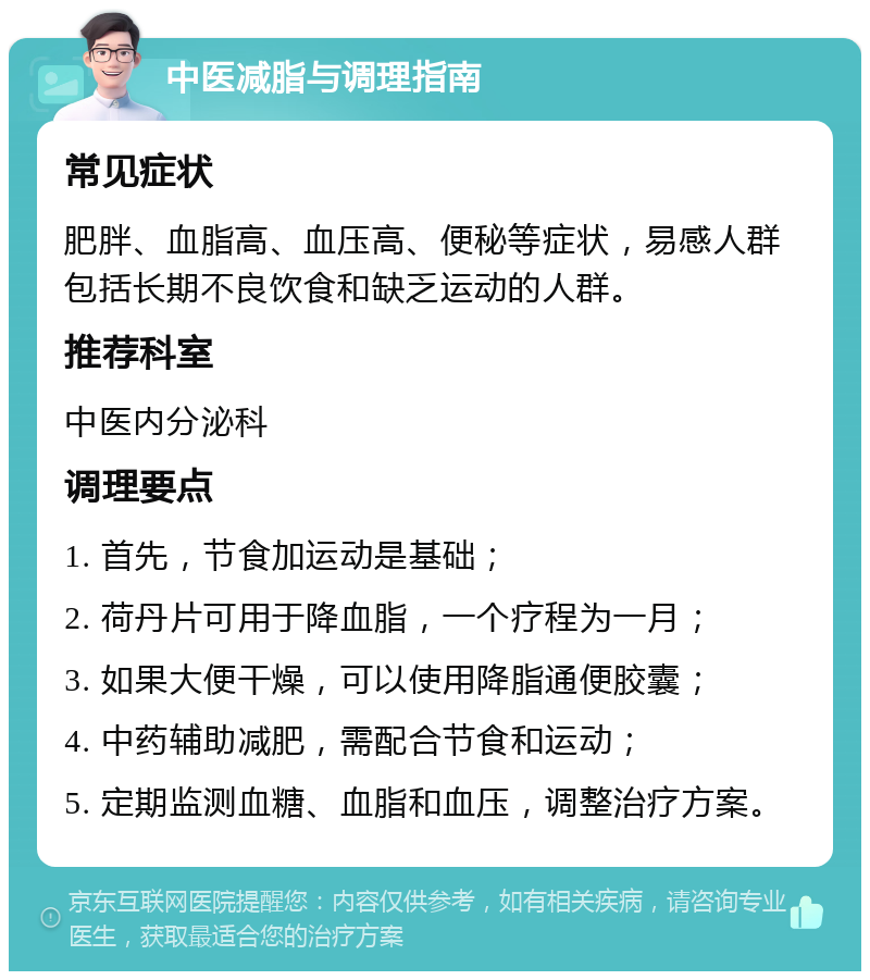 中医减脂与调理指南 常见症状 肥胖、血脂高、血压高、便秘等症状，易感人群包括长期不良饮食和缺乏运动的人群。 推荐科室 中医内分泌科 调理要点 1. 首先，节食加运动是基础； 2. 荷丹片可用于降血脂，一个疗程为一月； 3. 如果大便干燥，可以使用降脂通便胶囊； 4. 中药辅助减肥，需配合节食和运动； 5. 定期监测血糖、血脂和血压，调整治疗方案。