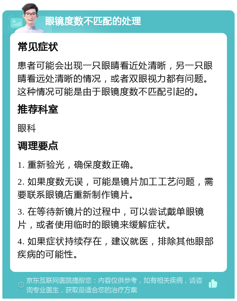 眼镜度数不匹配的处理 常见症状 患者可能会出现一只眼睛看近处清晰，另一只眼睛看远处清晰的情况，或者双眼视力都有问题。这种情况可能是由于眼镜度数不匹配引起的。 推荐科室 眼科 调理要点 1. 重新验光，确保度数正确。 2. 如果度数无误，可能是镜片加工工艺问题，需要联系眼镜店重新制作镜片。 3. 在等待新镜片的过程中，可以尝试戴单眼镜片，或者使用临时的眼镜来缓解症状。 4. 如果症状持续存在，建议就医，排除其他眼部疾病的可能性。