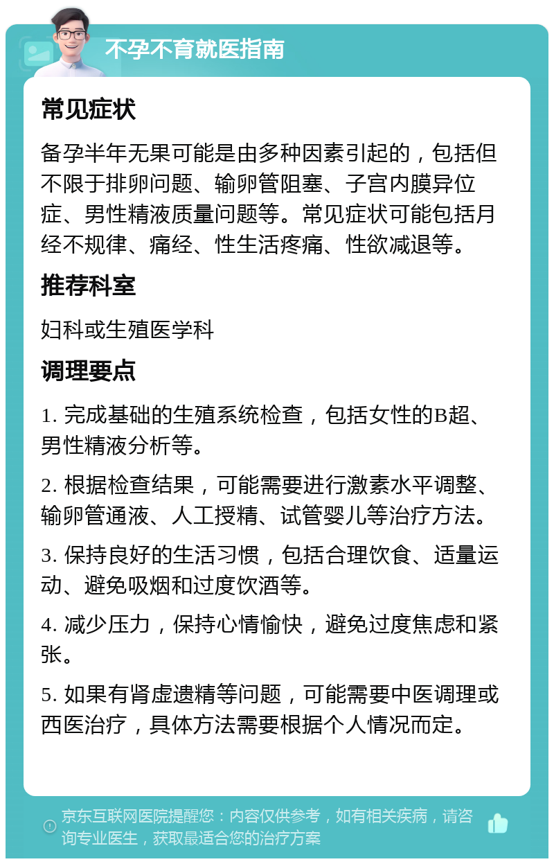 不孕不育就医指南 常见症状 备孕半年无果可能是由多种因素引起的，包括但不限于排卵问题、输卵管阻塞、子宫内膜异位症、男性精液质量问题等。常见症状可能包括月经不规律、痛经、性生活疼痛、性欲减退等。 推荐科室 妇科或生殖医学科 调理要点 1. 完成基础的生殖系统检查，包括女性的B超、男性精液分析等。 2. 根据检查结果，可能需要进行激素水平调整、输卵管通液、人工授精、试管婴儿等治疗方法。 3. 保持良好的生活习惯，包括合理饮食、适量运动、避免吸烟和过度饮酒等。 4. 减少压力，保持心情愉快，避免过度焦虑和紧张。 5. 如果有肾虚遗精等问题，可能需要中医调理或西医治疗，具体方法需要根据个人情况而定。