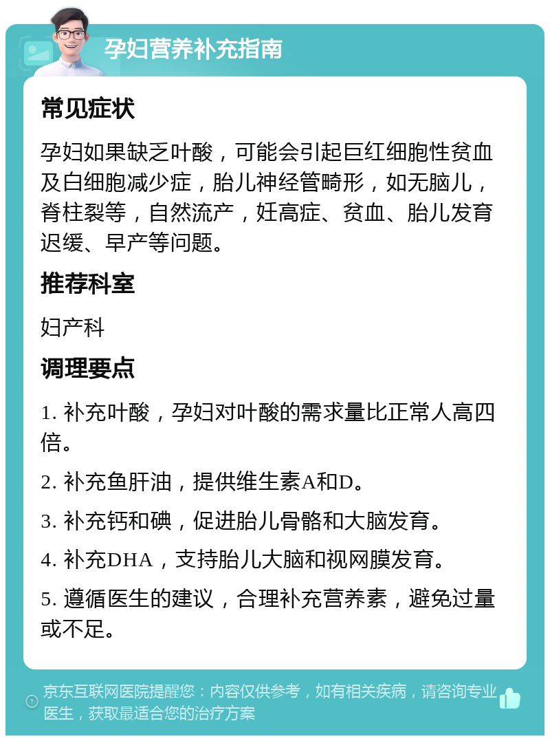 孕妇营养补充指南 常见症状 孕妇如果缺乏叶酸，可能会引起巨红细胞性贫血及白细胞减少症，胎儿神经管畸形，如无脑儿，脊柱裂等，自然流产，妊高症、贫血、胎儿发育迟缓、早产等问题。 推荐科室 妇产科 调理要点 1. 补充叶酸，孕妇对叶酸的需求量比正常人高四倍。 2. 补充鱼肝油，提供维生素A和D。 3. 补充钙和碘，促进胎儿骨骼和大脑发育。 4. 补充DHA，支持胎儿大脑和视网膜发育。 5. 遵循医生的建议，合理补充营养素，避免过量或不足。