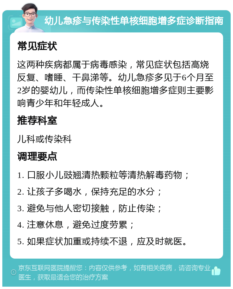 幼儿急疹与传染性单核细胞增多症诊断指南 常见症状 这两种疾病都属于病毒感染，常见症状包括高烧反复、嗜睡、干鼻涕等。幼儿急疹多见于6个月至2岁的婴幼儿，而传染性单核细胞增多症则主要影响青少年和年轻成人。 推荐科室 儿科或传染科 调理要点 1. 口服小儿豉翘清热颗粒等清热解毒药物； 2. 让孩子多喝水，保持充足的水分； 3. 避免与他人密切接触，防止传染； 4. 注意休息，避免过度劳累； 5. 如果症状加重或持续不退，应及时就医。