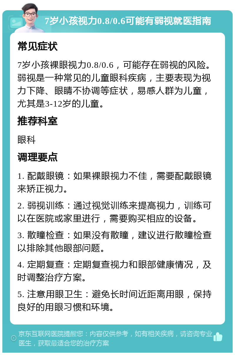 7岁小孩视力0.8/0.6可能有弱视就医指南 常见症状 7岁小孩裸眼视力0.8/0.6，可能存在弱视的风险。弱视是一种常见的儿童眼科疾病，主要表现为视力下降、眼睛不协调等症状，易感人群为儿童，尤其是3-12岁的儿童。 推荐科室 眼科 调理要点 1. 配戴眼镜：如果裸眼视力不佳，需要配戴眼镜来矫正视力。 2. 弱视训练：通过视觉训练来提高视力，训练可以在医院或家里进行，需要购买相应的设备。 3. 散瞳检查：如果没有散瞳，建议进行散瞳检查以排除其他眼部问题。 4. 定期复查：定期复查视力和眼部健康情况，及时调整治疗方案。 5. 注意用眼卫生：避免长时间近距离用眼，保持良好的用眼习惯和环境。