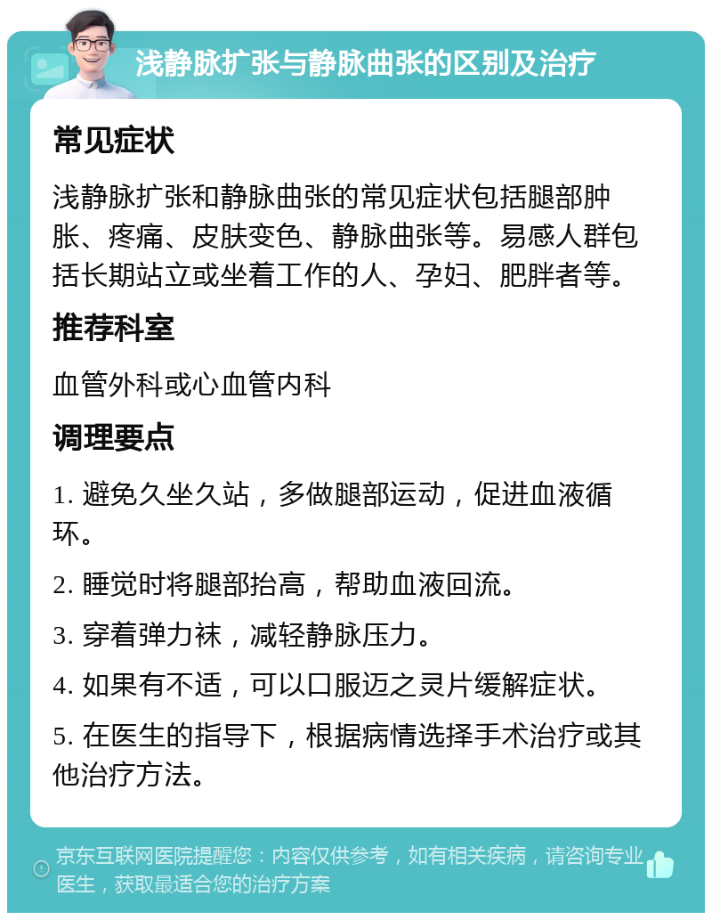 浅静脉扩张与静脉曲张的区别及治疗 常见症状 浅静脉扩张和静脉曲张的常见症状包括腿部肿胀、疼痛、皮肤变色、静脉曲张等。易感人群包括长期站立或坐着工作的人、孕妇、肥胖者等。 推荐科室 血管外科或心血管内科 调理要点 1. 避免久坐久站，多做腿部运动，促进血液循环。 2. 睡觉时将腿部抬高，帮助血液回流。 3. 穿着弹力袜，减轻静脉压力。 4. 如果有不适，可以口服迈之灵片缓解症状。 5. 在医生的指导下，根据病情选择手术治疗或其他治疗方法。