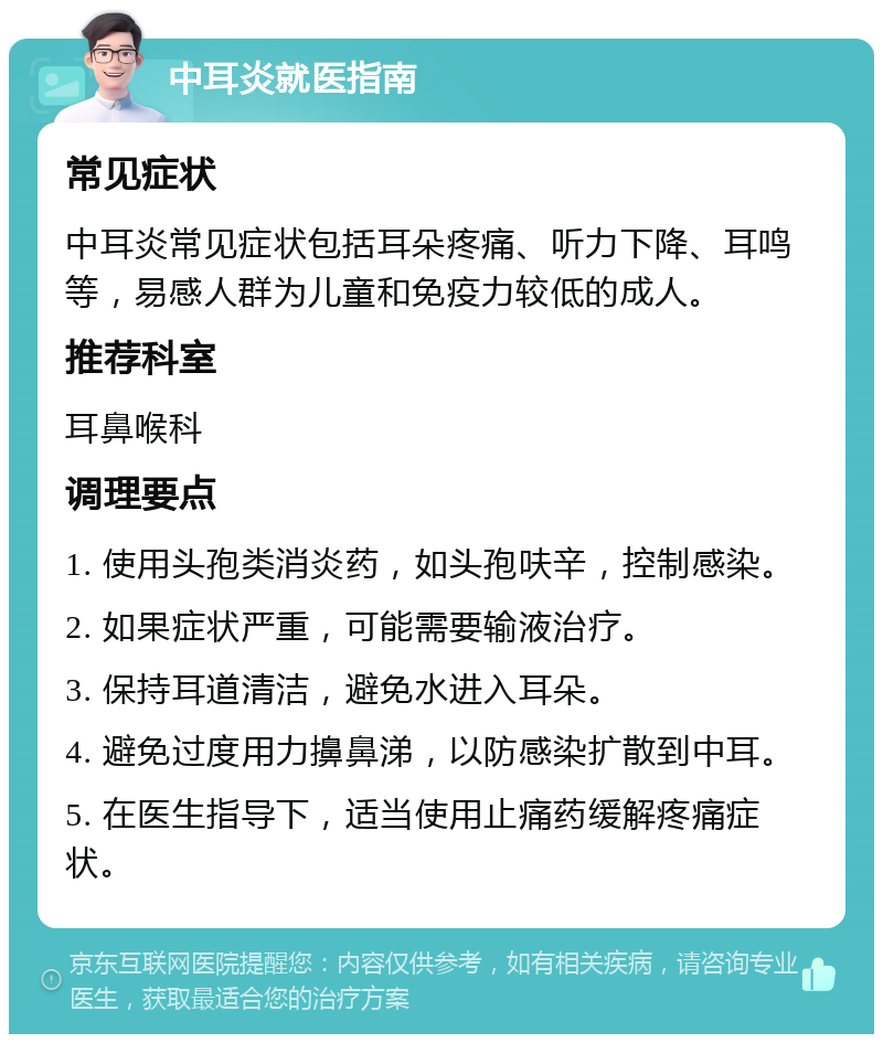 中耳炎就医指南 常见症状 中耳炎常见症状包括耳朵疼痛、听力下降、耳鸣等，易感人群为儿童和免疫力较低的成人。 推荐科室 耳鼻喉科 调理要点 1. 使用头孢类消炎药，如头孢呋辛，控制感染。 2. 如果症状严重，可能需要输液治疗。 3. 保持耳道清洁，避免水进入耳朵。 4. 避免过度用力擤鼻涕，以防感染扩散到中耳。 5. 在医生指导下，适当使用止痛药缓解疼痛症状。