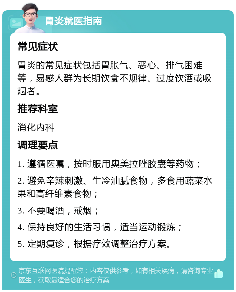 胃炎就医指南 常见症状 胃炎的常见症状包括胃胀气、恶心、排气困难等，易感人群为长期饮食不规律、过度饮酒或吸烟者。 推荐科室 消化内科 调理要点 1. 遵循医嘱，按时服用奥美拉唑胶囊等药物； 2. 避免辛辣刺激、生冷油腻食物，多食用蔬菜水果和高纤维素食物； 3. 不要喝酒，戒烟； 4. 保持良好的生活习惯，适当运动锻炼； 5. 定期复诊，根据疗效调整治疗方案。