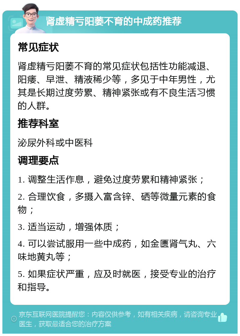 肾虚精亏阳萎不育的中成药推荐 常见症状 肾虚精亏阳萎不育的常见症状包括性功能减退、阳痿、早泄、精液稀少等，多见于中年男性，尤其是长期过度劳累、精神紧张或有不良生活习惯的人群。 推荐科室 泌尿外科或中医科 调理要点 1. 调整生活作息，避免过度劳累和精神紧张； 2. 合理饮食，多摄入富含锌、硒等微量元素的食物； 3. 适当运动，增强体质； 4. 可以尝试服用一些中成药，如金匮肾气丸、六味地黄丸等； 5. 如果症状严重，应及时就医，接受专业的治疗和指导。