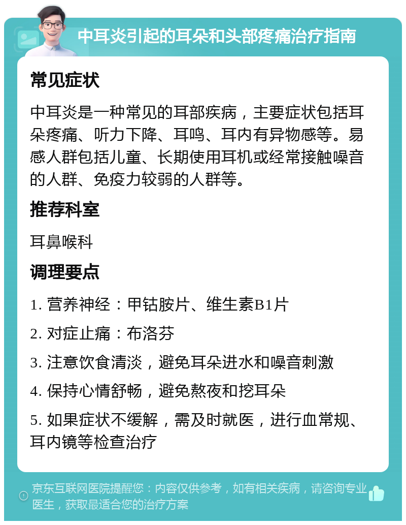 中耳炎引起的耳朵和头部疼痛治疗指南 常见症状 中耳炎是一种常见的耳部疾病，主要症状包括耳朵疼痛、听力下降、耳鸣、耳内有异物感等。易感人群包括儿童、长期使用耳机或经常接触噪音的人群、免疫力较弱的人群等。 推荐科室 耳鼻喉科 调理要点 1. 营养神经：甲钴胺片、维生素B1片 2. 对症止痛：布洛芬 3. 注意饮食清淡，避免耳朵进水和噪音刺激 4. 保持心情舒畅，避免熬夜和挖耳朵 5. 如果症状不缓解，需及时就医，进行血常规、耳内镜等检查治疗