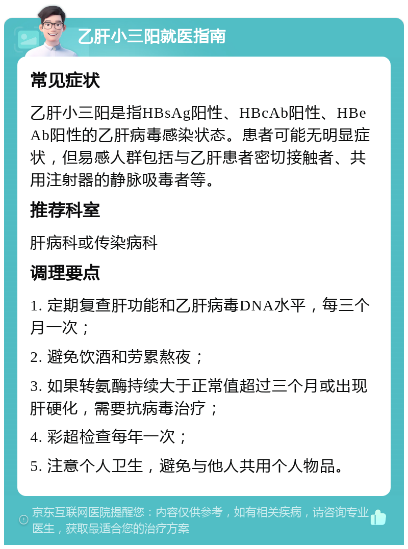 乙肝小三阳就医指南 常见症状 乙肝小三阳是指HBsAg阳性、HBcAb阳性、HBeAb阳性的乙肝病毒感染状态。患者可能无明显症状，但易感人群包括与乙肝患者密切接触者、共用注射器的静脉吸毒者等。 推荐科室 肝病科或传染病科 调理要点 1. 定期复查肝功能和乙肝病毒DNA水平，每三个月一次； 2. 避免饮酒和劳累熬夜； 3. 如果转氨酶持续大于正常值超过三个月或出现肝硬化，需要抗病毒治疗； 4. 彩超检查每年一次； 5. 注意个人卫生，避免与他人共用个人物品。