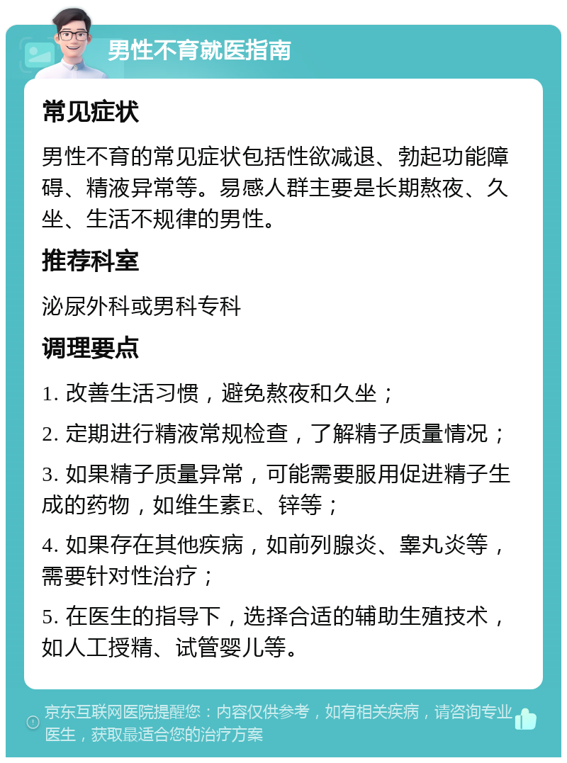 男性不育就医指南 常见症状 男性不育的常见症状包括性欲减退、勃起功能障碍、精液异常等。易感人群主要是长期熬夜、久坐、生活不规律的男性。 推荐科室 泌尿外科或男科专科 调理要点 1. 改善生活习惯，避免熬夜和久坐； 2. 定期进行精液常规检查，了解精子质量情况； 3. 如果精子质量异常，可能需要服用促进精子生成的药物，如维生素E、锌等； 4. 如果存在其他疾病，如前列腺炎、睾丸炎等，需要针对性治疗； 5. 在医生的指导下，选择合适的辅助生殖技术，如人工授精、试管婴儿等。