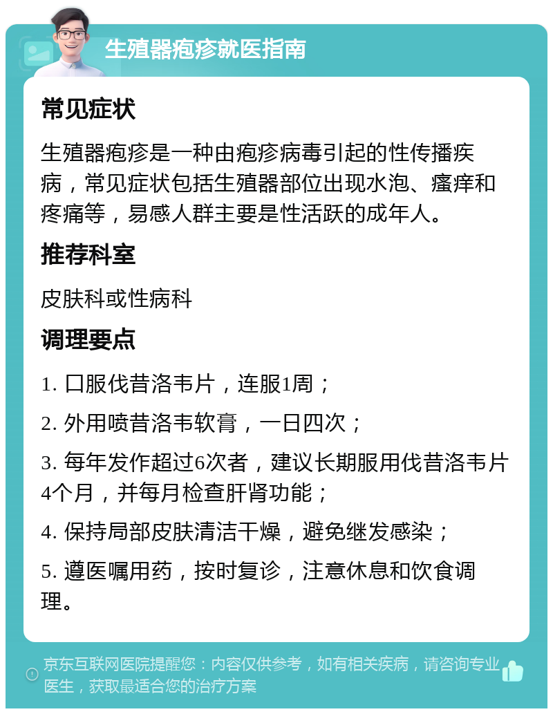 生殖器疱疹就医指南 常见症状 生殖器疱疹是一种由疱疹病毒引起的性传播疾病，常见症状包括生殖器部位出现水泡、瘙痒和疼痛等，易感人群主要是性活跃的成年人。 推荐科室 皮肤科或性病科 调理要点 1. 口服伐昔洛韦片，连服1周； 2. 外用喷昔洛韦软膏，一日四次； 3. 每年发作超过6次者，建议长期服用伐昔洛韦片4个月，并每月检查肝肾功能； 4. 保持局部皮肤清洁干燥，避免继发感染； 5. 遵医嘱用药，按时复诊，注意休息和饮食调理。