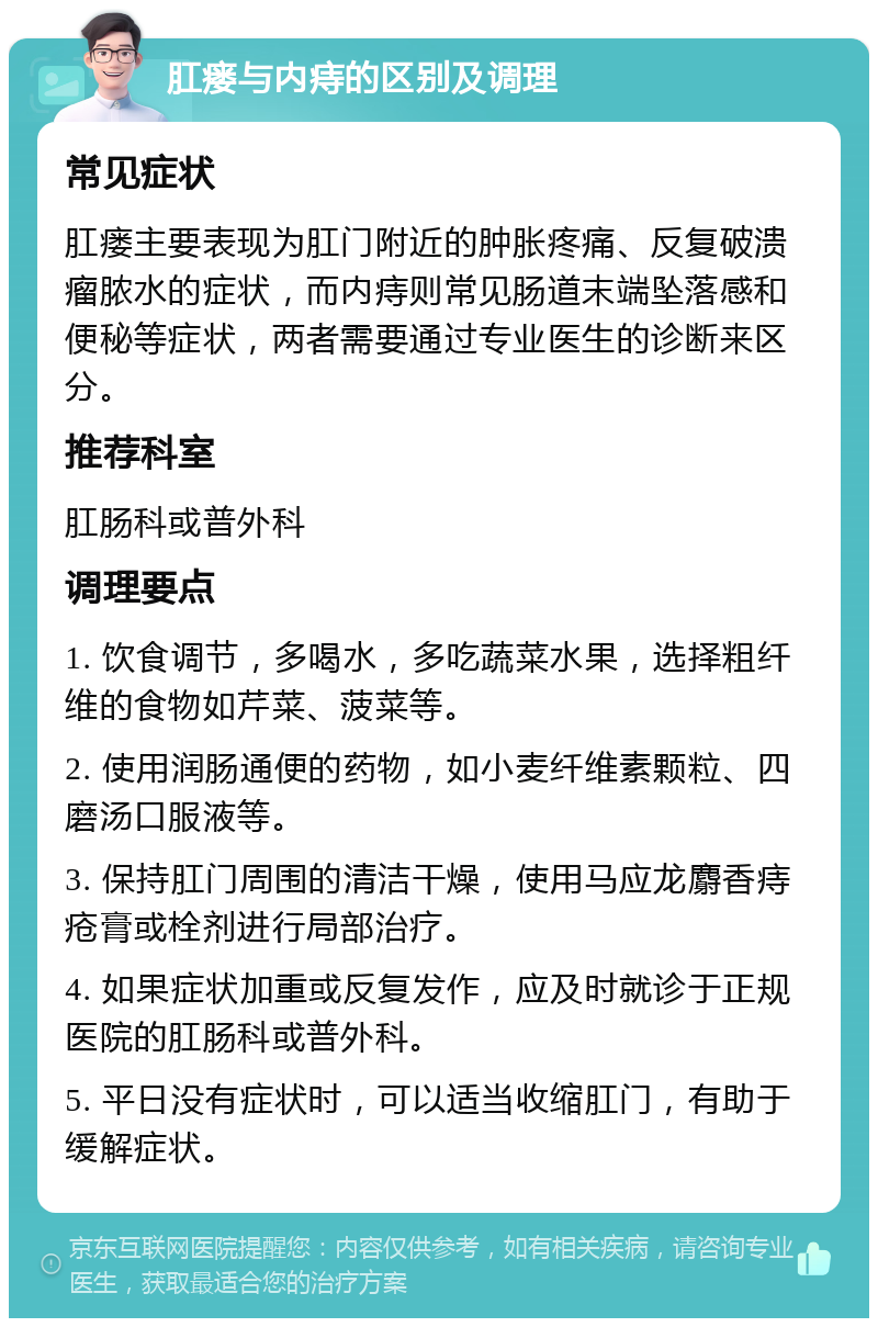 肛瘘与内痔的区别及调理 常见症状 肛瘘主要表现为肛门附近的肿胀疼痛、反复破溃瘤脓水的症状，而内痔则常见肠道末端坠落感和便秘等症状，两者需要通过专业医生的诊断来区分。 推荐科室 肛肠科或普外科 调理要点 1. 饮食调节，多喝水，多吃蔬菜水果，选择粗纤维的食物如芹菜、菠菜等。 2. 使用润肠通便的药物，如小麦纤维素颗粒、四磨汤口服液等。 3. 保持肛门周围的清洁干燥，使用马应龙麝香痔疮膏或栓剂进行局部治疗。 4. 如果症状加重或反复发作，应及时就诊于正规医院的肛肠科或普外科。 5. 平日没有症状时，可以适当收缩肛门，有助于缓解症状。