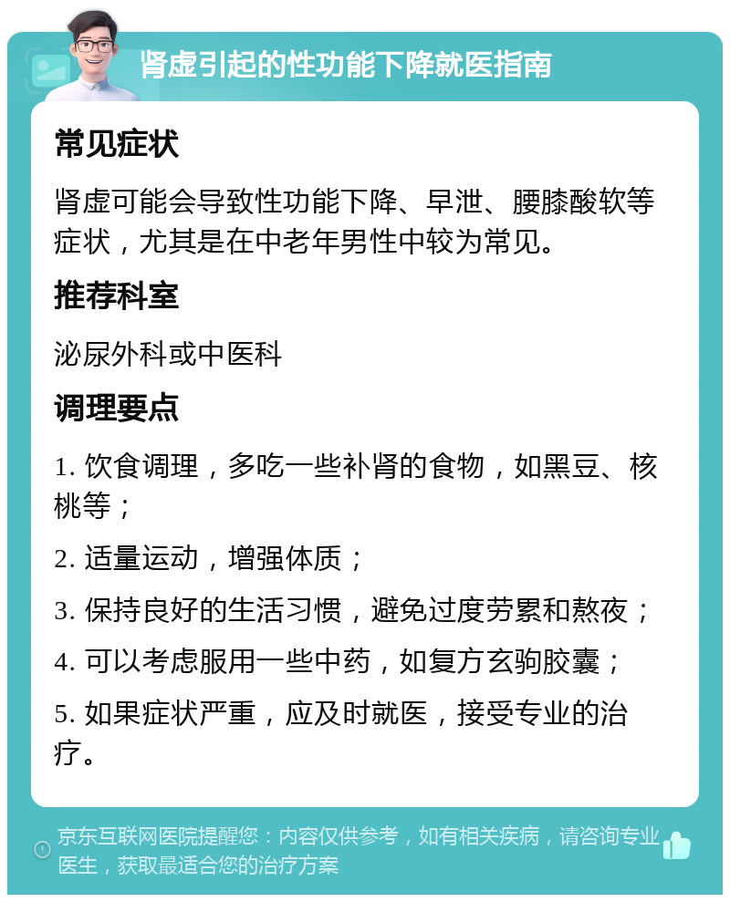 肾虚引起的性功能下降就医指南 常见症状 肾虚可能会导致性功能下降、早泄、腰膝酸软等症状，尤其是在中老年男性中较为常见。 推荐科室 泌尿外科或中医科 调理要点 1. 饮食调理，多吃一些补肾的食物，如黑豆、核桃等； 2. 适量运动，增强体质； 3. 保持良好的生活习惯，避免过度劳累和熬夜； 4. 可以考虑服用一些中药，如复方玄驹胶囊； 5. 如果症状严重，应及时就医，接受专业的治疗。