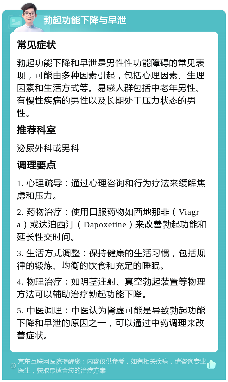 勃起功能下降与早泄 常见症状 勃起功能下降和早泄是男性性功能障碍的常见表现，可能由多种因素引起，包括心理因素、生理因素和生活方式等。易感人群包括中老年男性、有慢性疾病的男性以及长期处于压力状态的男性。 推荐科室 泌尿外科或男科 调理要点 1. 心理疏导：通过心理咨询和行为疗法来缓解焦虑和压力。 2. 药物治疗：使用口服药物如西地那非（Viagra）或达泊西汀（Dapoxetine）来改善勃起功能和延长性交时间。 3. 生活方式调整：保持健康的生活习惯，包括规律的锻炼、均衡的饮食和充足的睡眠。 4. 物理治疗：如阴茎注射、真空勃起装置等物理方法可以辅助治疗勃起功能下降。 5. 中医调理：中医认为肾虚可能是导致勃起功能下降和早泄的原因之一，可以通过中药调理来改善症状。