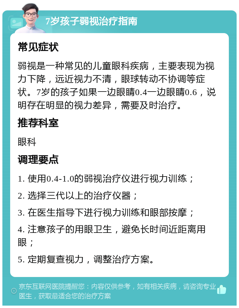 7岁孩子弱视治疗指南 常见症状 弱视是一种常见的儿童眼科疾病，主要表现为视力下降，远近视力不清，眼球转动不协调等症状。7岁的孩子如果一边眼睛0.4一边眼睛0.6，说明存在明显的视力差异，需要及时治疗。 推荐科室 眼科 调理要点 1. 使用0.4-1.0的弱视治疗仪进行视力训练； 2. 选择三代以上的治疗仪器； 3. 在医生指导下进行视力训练和眼部按摩； 4. 注意孩子的用眼卫生，避免长时间近距离用眼； 5. 定期复查视力，调整治疗方案。