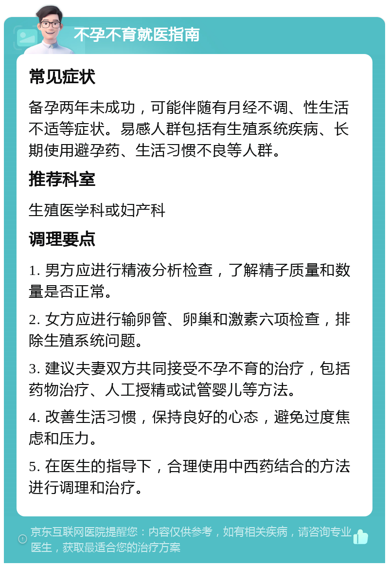 不孕不育就医指南 常见症状 备孕两年未成功，可能伴随有月经不调、性生活不适等症状。易感人群包括有生殖系统疾病、长期使用避孕药、生活习惯不良等人群。 推荐科室 生殖医学科或妇产科 调理要点 1. 男方应进行精液分析检查，了解精子质量和数量是否正常。 2. 女方应进行输卵管、卵巢和激素六项检查，排除生殖系统问题。 3. 建议夫妻双方共同接受不孕不育的治疗，包括药物治疗、人工授精或试管婴儿等方法。 4. 改善生活习惯，保持良好的心态，避免过度焦虑和压力。 5. 在医生的指导下，合理使用中西药结合的方法进行调理和治疗。