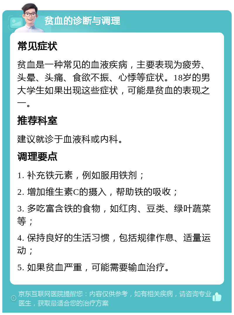 贫血的诊断与调理 常见症状 贫血是一种常见的血液疾病，主要表现为疲劳、头晕、头痛、食欲不振、心悸等症状。18岁的男大学生如果出现这些症状，可能是贫血的表现之一。 推荐科室 建议就诊于血液科或内科。 调理要点 1. 补充铁元素，例如服用铁剂； 2. 增加维生素C的摄入，帮助铁的吸收； 3. 多吃富含铁的食物，如红肉、豆类、绿叶蔬菜等； 4. 保持良好的生活习惯，包括规律作息、适量运动； 5. 如果贫血严重，可能需要输血治疗。