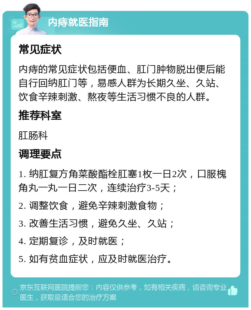 内痔就医指南 常见症状 内痔的常见症状包括便血、肛门肿物脱出便后能自行回纳肛门等，易感人群为长期久坐、久站、饮食辛辣刺激、熬夜等生活习惯不良的人群。 推荐科室 肛肠科 调理要点 1. 纳肛复方角菜酸酯栓肛塞1枚一日2次，口服槐角丸一丸一日二次，连续治疗3-5天； 2. 调整饮食，避免辛辣刺激食物； 3. 改善生活习惯，避免久坐、久站； 4. 定期复诊，及时就医； 5. 如有贫血症状，应及时就医治疗。