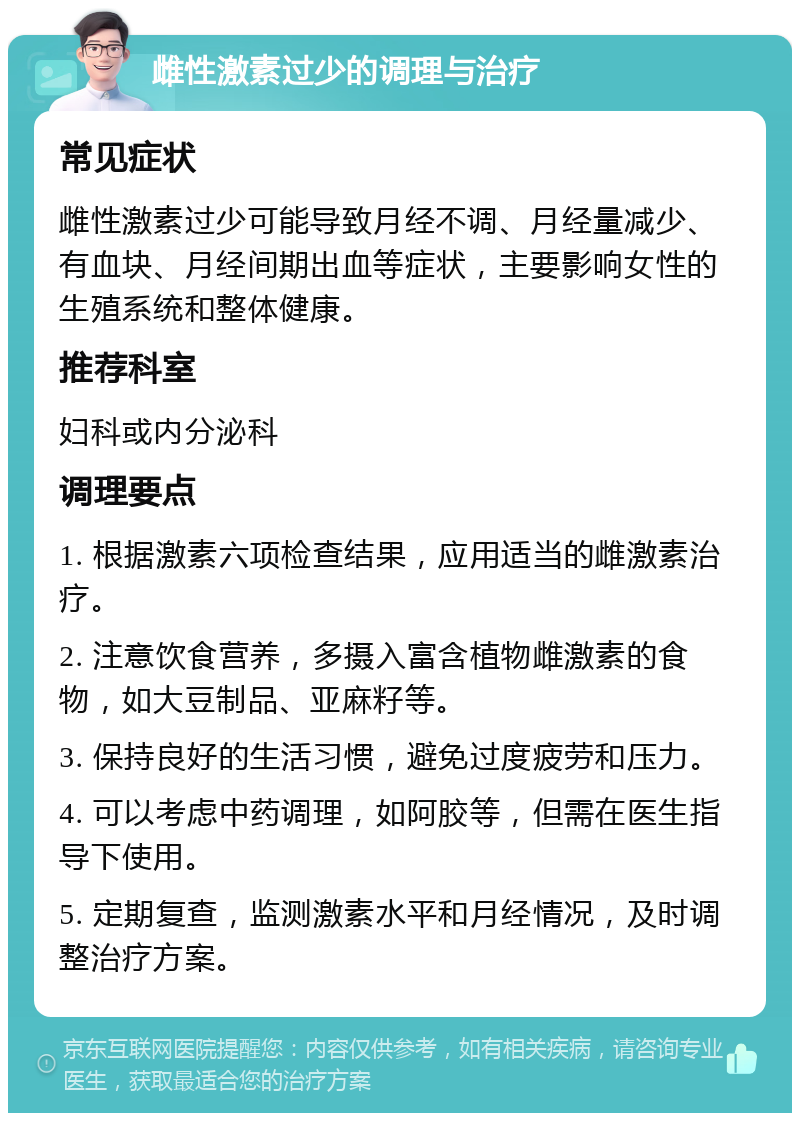 雌性激素过少的调理与治疗 常见症状 雌性激素过少可能导致月经不调、月经量减少、有血块、月经间期出血等症状，主要影响女性的生殖系统和整体健康。 推荐科室 妇科或内分泌科 调理要点 1. 根据激素六项检查结果，应用适当的雌激素治疗。 2. 注意饮食营养，多摄入富含植物雌激素的食物，如大豆制品、亚麻籽等。 3. 保持良好的生活习惯，避免过度疲劳和压力。 4. 可以考虑中药调理，如阿胶等，但需在医生指导下使用。 5. 定期复查，监测激素水平和月经情况，及时调整治疗方案。