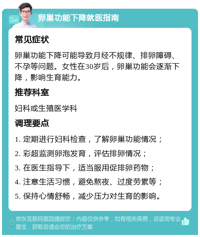 卵巢功能下降就医指南 常见症状 卵巢功能下降可能导致月经不规律、排卵障碍、不孕等问题。女性在30岁后，卵巢功能会逐渐下降，影响生育能力。 推荐科室 妇科或生殖医学科 调理要点 1. 定期进行妇科检查，了解卵巢功能情况； 2. 彩超监测卵泡发育，评估排卵情况； 3. 在医生指导下，适当服用促排卵药物； 4. 注意生活习惯，避免熬夜、过度劳累等； 5. 保持心情舒畅，减少压力对生育的影响。