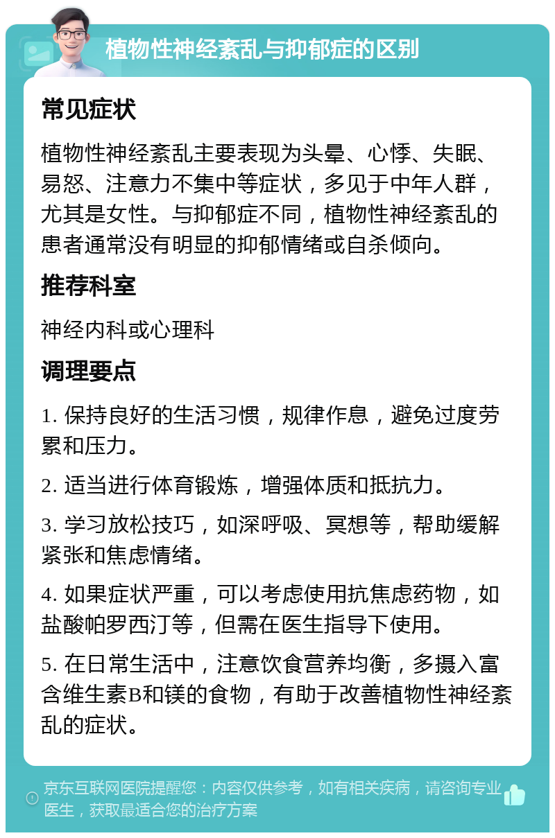 植物性神经紊乱与抑郁症的区别 常见症状 植物性神经紊乱主要表现为头晕、心悸、失眠、易怒、注意力不集中等症状，多见于中年人群，尤其是女性。与抑郁症不同，植物性神经紊乱的患者通常没有明显的抑郁情绪或自杀倾向。 推荐科室 神经内科或心理科 调理要点 1. 保持良好的生活习惯，规律作息，避免过度劳累和压力。 2. 适当进行体育锻炼，增强体质和抵抗力。 3. 学习放松技巧，如深呼吸、冥想等，帮助缓解紧张和焦虑情绪。 4. 如果症状严重，可以考虑使用抗焦虑药物，如盐酸帕罗西汀等，但需在医生指导下使用。 5. 在日常生活中，注意饮食营养均衡，多摄入富含维生素B和镁的食物，有助于改善植物性神经紊乱的症状。