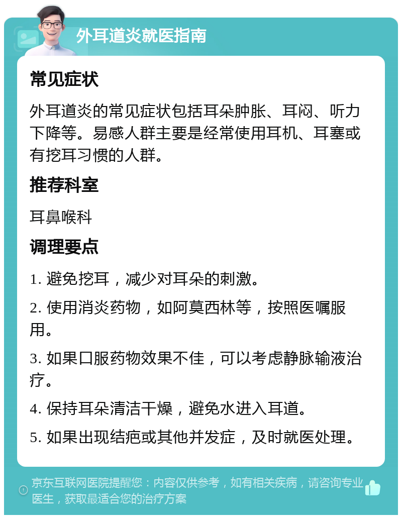 外耳道炎就医指南 常见症状 外耳道炎的常见症状包括耳朵肿胀、耳闷、听力下降等。易感人群主要是经常使用耳机、耳塞或有挖耳习惯的人群。 推荐科室 耳鼻喉科 调理要点 1. 避免挖耳，减少对耳朵的刺激。 2. 使用消炎药物，如阿莫西林等，按照医嘱服用。 3. 如果口服药物效果不佳，可以考虑静脉输液治疗。 4. 保持耳朵清洁干燥，避免水进入耳道。 5. 如果出现结疤或其他并发症，及时就医处理。