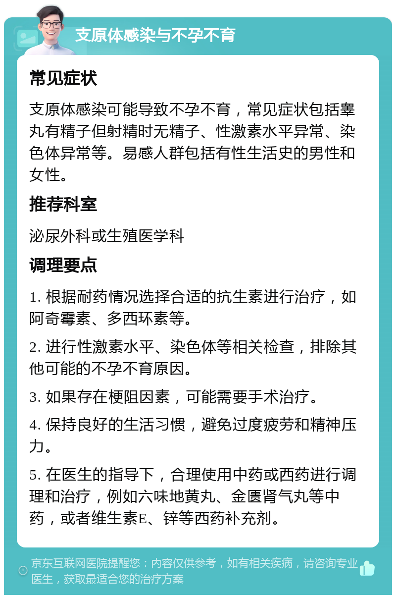 支原体感染与不孕不育 常见症状 支原体感染可能导致不孕不育，常见症状包括睾丸有精子但射精时无精子、性激素水平异常、染色体异常等。易感人群包括有性生活史的男性和女性。 推荐科室 泌尿外科或生殖医学科 调理要点 1. 根据耐药情况选择合适的抗生素进行治疗，如阿奇霉素、多西环素等。 2. 进行性激素水平、染色体等相关检查，排除其他可能的不孕不育原因。 3. 如果存在梗阻因素，可能需要手术治疗。 4. 保持良好的生活习惯，避免过度疲劳和精神压力。 5. 在医生的指导下，合理使用中药或西药进行调理和治疗，例如六味地黄丸、金匮肾气丸等中药，或者维生素E、锌等西药补充剂。