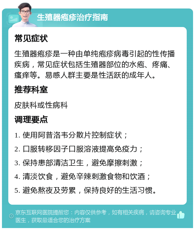 生殖器疱疹治疗指南 常见症状 生殖器疱疹是一种由单纯疱疹病毒引起的性传播疾病，常见症状包括生殖器部位的水疱、疼痛、瘙痒等。易感人群主要是性活跃的成年人。 推荐科室 皮肤科或性病科 调理要点 1. 使用阿昔洛韦分散片控制症状； 2. 口服转移因子口服溶液提高免疫力； 3. 保持患部清洁卫生，避免摩擦刺激； 4. 清淡饮食，避免辛辣刺激食物和饮酒； 5. 避免熬夜及劳累，保持良好的生活习惯。