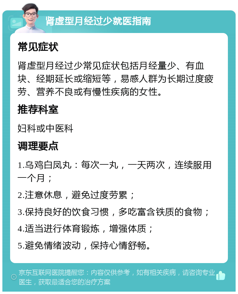 肾虚型月经过少就医指南 常见症状 肾虚型月经过少常见症状包括月经量少、有血块、经期延长或缩短等，易感人群为长期过度疲劳、营养不良或有慢性疾病的女性。 推荐科室 妇科或中医科 调理要点 1.乌鸡白凤丸：每次一丸，一天两次，连续服用一个月； 2.注意休息，避免过度劳累； 3.保持良好的饮食习惯，多吃富含铁质的食物； 4.适当进行体育锻炼，增强体质； 5.避免情绪波动，保持心情舒畅。