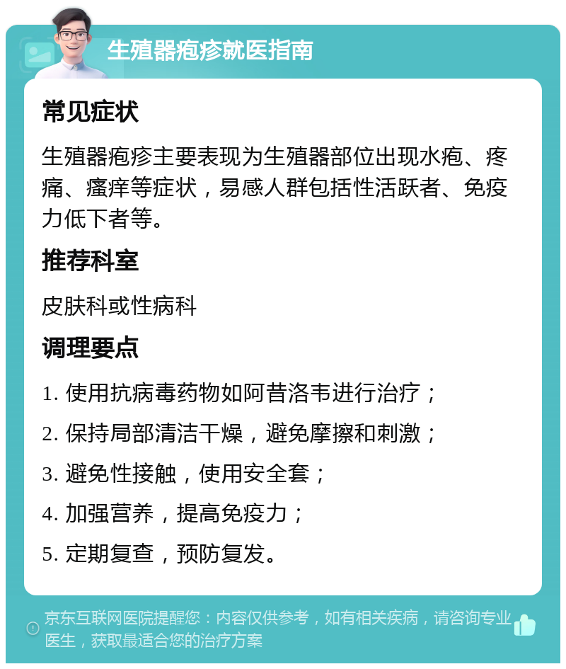 生殖器疱疹就医指南 常见症状 生殖器疱疹主要表现为生殖器部位出现水疱、疼痛、瘙痒等症状，易感人群包括性活跃者、免疫力低下者等。 推荐科室 皮肤科或性病科 调理要点 1. 使用抗病毒药物如阿昔洛韦进行治疗； 2. 保持局部清洁干燥，避免摩擦和刺激； 3. 避免性接触，使用安全套； 4. 加强营养，提高免疫力； 5. 定期复查，预防复发。