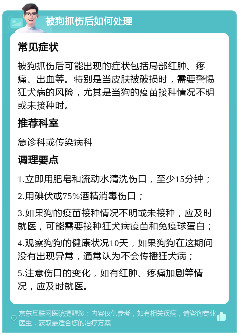 被狗抓伤后如何处理 常见症状 被狗抓伤后可能出现的症状包括局部红肿、疼痛、出血等。特别是当皮肤被破损时，需要警惕狂犬病的风险，尤其是当狗的疫苗接种情况不明或未接种时。 推荐科室 急诊科或传染病科 调理要点 1.立即用肥皂和流动水清洗伤口，至少15分钟； 2.用碘伏或75%酒精消毒伤口； 3.如果狗的疫苗接种情况不明或未接种，应及时就医，可能需要接种狂犬病疫苗和免疫球蛋白； 4.观察狗狗的健康状况10天，如果狗狗在这期间没有出现异常，通常认为不会传播狂犬病； 5.注意伤口的变化，如有红肿、疼痛加剧等情况，应及时就医。