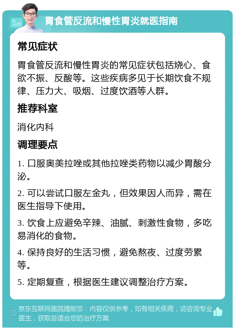 胃食管反流和慢性胃炎就医指南 常见症状 胃食管反流和慢性胃炎的常见症状包括烧心、食欲不振、反酸等。这些疾病多见于长期饮食不规律、压力大、吸烟、过度饮酒等人群。 推荐科室 消化内科 调理要点 1. 口服奥美拉唑或其他拉唑类药物以减少胃酸分泌。 2. 可以尝试口服左金丸，但效果因人而异，需在医生指导下使用。 3. 饮食上应避免辛辣、油腻、刺激性食物，多吃易消化的食物。 4. 保持良好的生活习惯，避免熬夜、过度劳累等。 5. 定期复查，根据医生建议调整治疗方案。