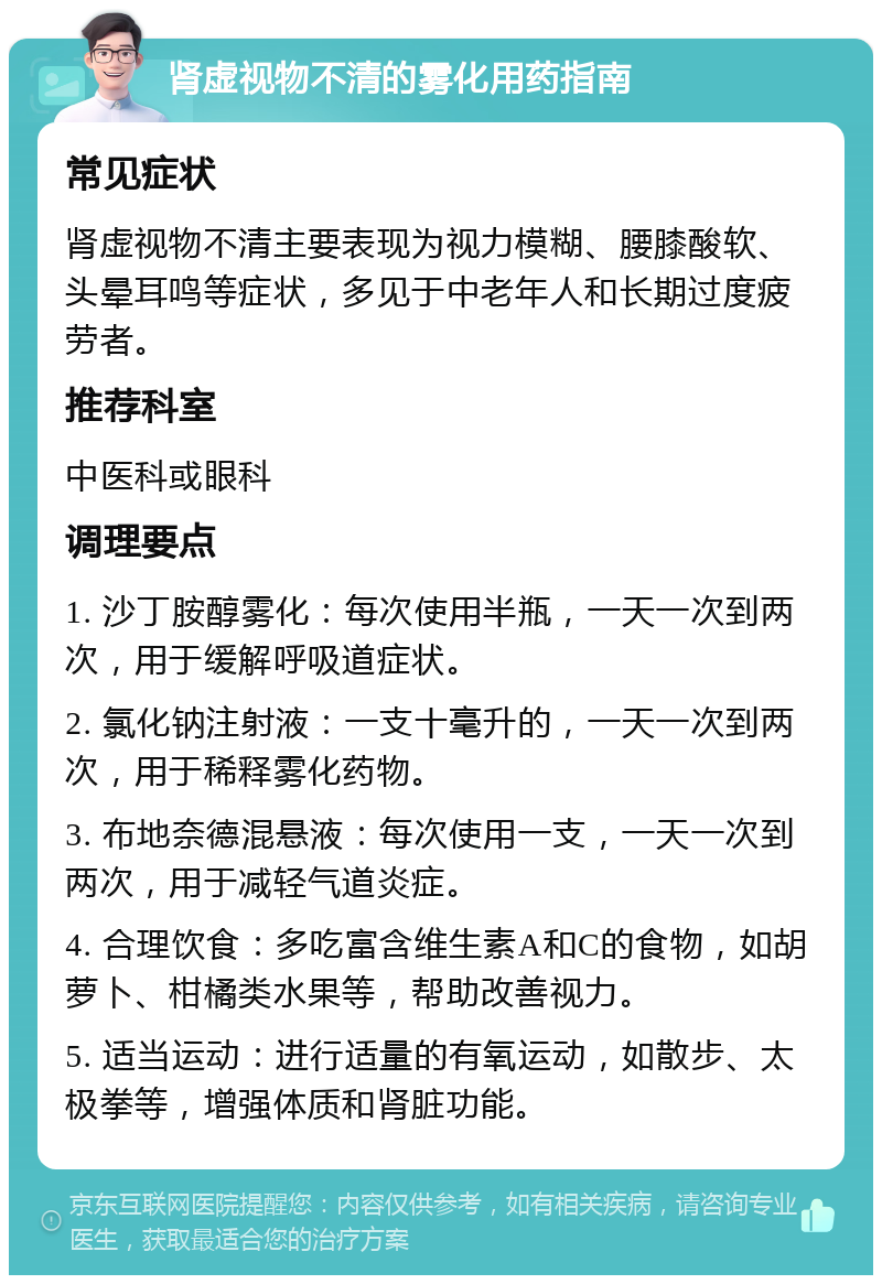 肾虚视物不清的雾化用药指南 常见症状 肾虚视物不清主要表现为视力模糊、腰膝酸软、头晕耳鸣等症状，多见于中老年人和长期过度疲劳者。 推荐科室 中医科或眼科 调理要点 1. 沙丁胺醇雾化：每次使用半瓶，一天一次到两次，用于缓解呼吸道症状。 2. 氯化钠注射液：一支十毫升的，一天一次到两次，用于稀释雾化药物。 3. 布地奈德混悬液：每次使用一支，一天一次到两次，用于减轻气道炎症。 4. 合理饮食：多吃富含维生素A和C的食物，如胡萝卜、柑橘类水果等，帮助改善视力。 5. 适当运动：进行适量的有氧运动，如散步、太极拳等，增强体质和肾脏功能。