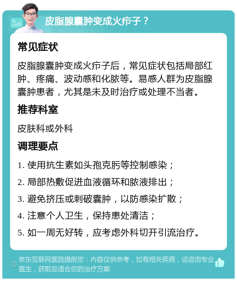 皮脂腺囊肿变成火疖子？ 常见症状 皮脂腺囊肿变成火疖子后，常见症状包括局部红肿、疼痛、波动感和化脓等。易感人群为皮脂腺囊肿患者，尤其是未及时治疗或处理不当者。 推荐科室 皮肤科或外科 调理要点 1. 使用抗生素如头孢克肟等控制感染； 2. 局部热敷促进血液循环和脓液排出； 3. 避免挤压或刺破囊肿，以防感染扩散； 4. 注意个人卫生，保持患处清洁； 5. 如一周无好转，应考虑外科切开引流治疗。