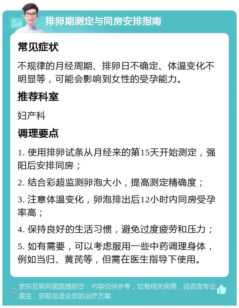 排卵期测定与同房安排指南 常见症状 不规律的月经周期、排卵日不确定、体温变化不明显等，可能会影响到女性的受孕能力。 推荐科室 妇产科 调理要点 1. 使用排卵试条从月经来的第15天开始测定，强阳后安排同房； 2. 结合彩超监测卵泡大小，提高测定精确度； 3. 注意体温变化，卵泡排出后12小时内同房受孕率高； 4. 保持良好的生活习惯，避免过度疲劳和压力； 5. 如有需要，可以考虑服用一些中药调理身体，例如当归、黄芪等，但需在医生指导下使用。