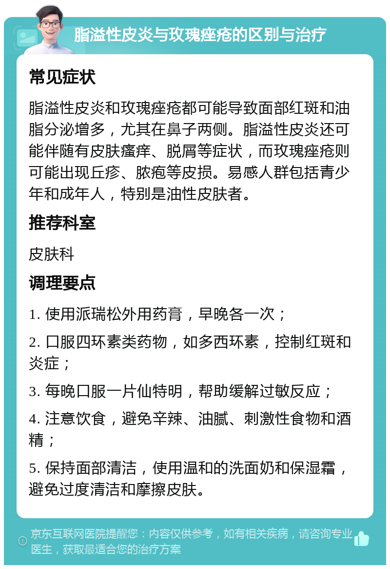 脂溢性皮炎与玫瑰痤疮的区别与治疗 常见症状 脂溢性皮炎和玫瑰痤疮都可能导致面部红斑和油脂分泌增多，尤其在鼻子两侧。脂溢性皮炎还可能伴随有皮肤瘙痒、脱屑等症状，而玫瑰痤疮则可能出现丘疹、脓疱等皮损。易感人群包括青少年和成年人，特别是油性皮肤者。 推荐科室 皮肤科 调理要点 1. 使用派瑞松外用药膏，早晚各一次； 2. 口服四环素类药物，如多西环素，控制红斑和炎症； 3. 每晚口服一片仙特明，帮助缓解过敏反应； 4. 注意饮食，避免辛辣、油腻、刺激性食物和酒精； 5. 保持面部清洁，使用温和的洗面奶和保湿霜，避免过度清洁和摩擦皮肤。