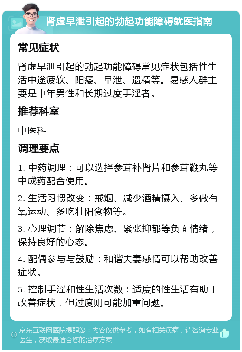 肾虚早泄引起的勃起功能障碍就医指南 常见症状 肾虚早泄引起的勃起功能障碍常见症状包括性生活中途疲软、阳痿、早泄、遗精等。易感人群主要是中年男性和长期过度手淫者。 推荐科室 中医科 调理要点 1. 中药调理：可以选择参茸补肾片和参茸鞭丸等中成药配合使用。 2. 生活习惯改变：戒烟、减少酒精摄入、多做有氧运动、多吃壮阳食物等。 3. 心理调节：解除焦虑、紧张抑郁等负面情绪，保持良好的心态。 4. 配偶参与与鼓励：和谐夫妻感情可以帮助改善症状。 5. 控制手淫和性生活次数：适度的性生活有助于改善症状，但过度则可能加重问题。