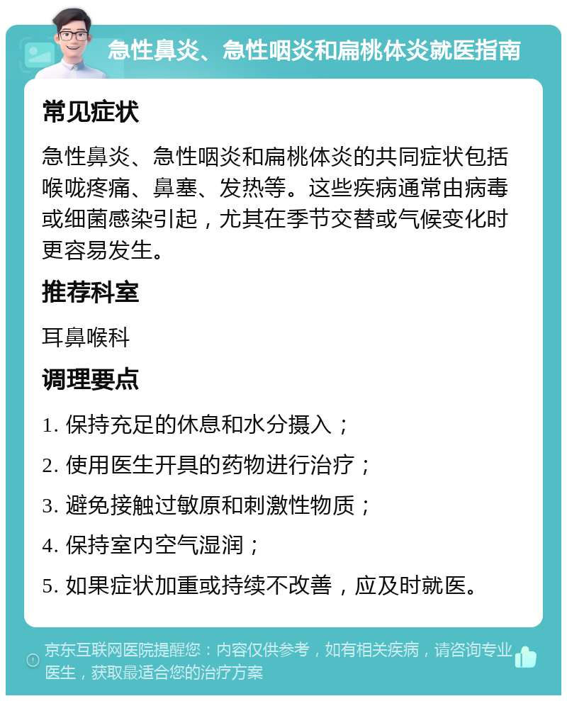 急性鼻炎、急性咽炎和扁桃体炎就医指南 常见症状 急性鼻炎、急性咽炎和扁桃体炎的共同症状包括喉咙疼痛、鼻塞、发热等。这些疾病通常由病毒或细菌感染引起，尤其在季节交替或气候变化时更容易发生。 推荐科室 耳鼻喉科 调理要点 1. 保持充足的休息和水分摄入； 2. 使用医生开具的药物进行治疗； 3. 避免接触过敏原和刺激性物质； 4. 保持室内空气湿润； 5. 如果症状加重或持续不改善，应及时就医。