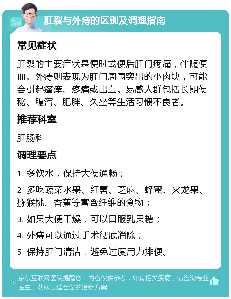 肛裂与外痔的区别及调理指南 常见症状 肛裂的主要症状是便时或便后肛门疼痛，伴随便血。外痔则表现为肛门周围突出的小肉块，可能会引起瘙痒、疼痛或出血。易感人群包括长期便秘、腹泻、肥胖、久坐等生活习惯不良者。 推荐科室 肛肠科 调理要点 1. 多饮水，保持大便通畅； 2. 多吃蔬菜水果、红薯、芝麻、蜂蜜、火龙果、猕猴桃、香蕉等富含纤维的食物； 3. 如果大便干燥，可以口服乳果糖； 4. 外痔可以通过手术彻底消除； 5. 保持肛门清洁，避免过度用力排便。