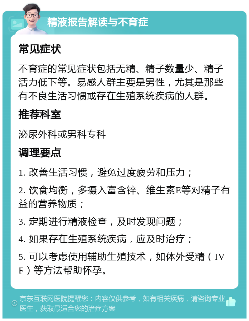 精液报告解读与不育症 常见症状 不育症的常见症状包括无精、精子数量少、精子活力低下等。易感人群主要是男性，尤其是那些有不良生活习惯或存在生殖系统疾病的人群。 推荐科室 泌尿外科或男科专科 调理要点 1. 改善生活习惯，避免过度疲劳和压力； 2. 饮食均衡，多摄入富含锌、维生素E等对精子有益的营养物质； 3. 定期进行精液检查，及时发现问题； 4. 如果存在生殖系统疾病，应及时治疗； 5. 可以考虑使用辅助生殖技术，如体外受精（IVF）等方法帮助怀孕。