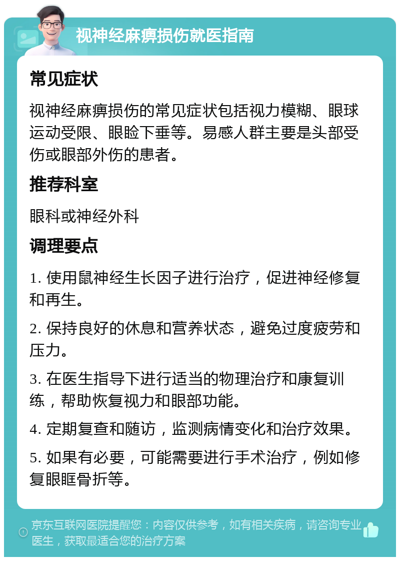 视神经麻痹损伤就医指南 常见症状 视神经麻痹损伤的常见症状包括视力模糊、眼球运动受限、眼睑下垂等。易感人群主要是头部受伤或眼部外伤的患者。 推荐科室 眼科或神经外科 调理要点 1. 使用鼠神经生长因子进行治疗，促进神经修复和再生。 2. 保持良好的休息和营养状态，避免过度疲劳和压力。 3. 在医生指导下进行适当的物理治疗和康复训练，帮助恢复视力和眼部功能。 4. 定期复查和随访，监测病情变化和治疗效果。 5. 如果有必要，可能需要进行手术治疗，例如修复眼眶骨折等。